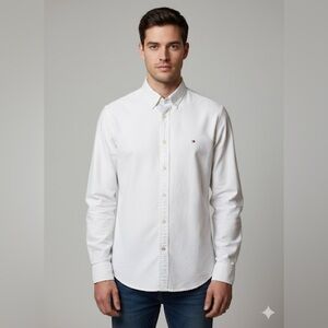 Tommy Hilfiger White Cotton Oxford Shirt Button Front Logo Men’s Size L Unisex
